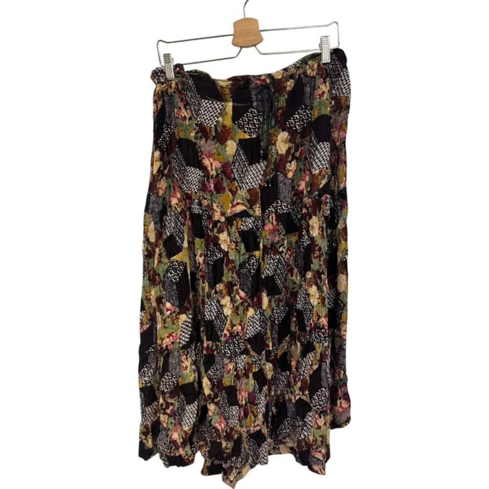 Indira Floral Maxi Skirt‎ Women's Size M Drawstring Pleated Off-White Black